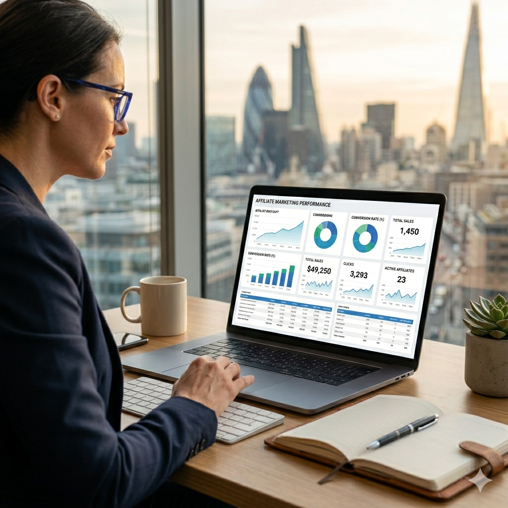 The Branding Bricks digital marketing agency in Chennai analyzing affiliate marketing dashboard.